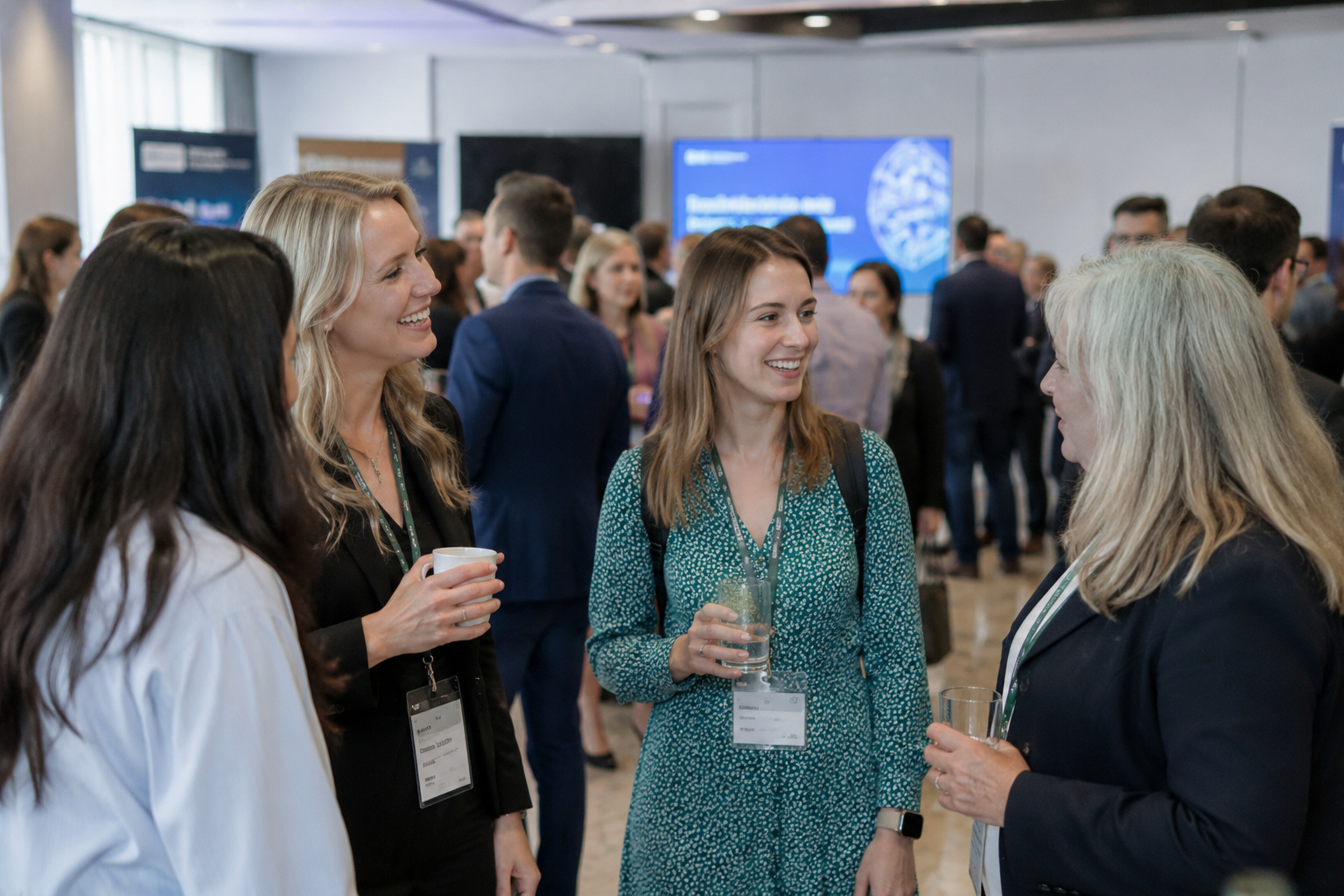Members of the AI Mission Hub community networking at a conference
